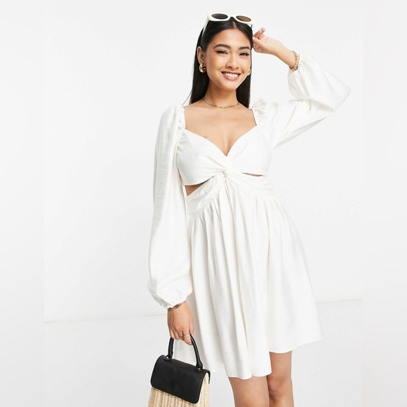 Topshop Twist Cut Out Mini Tea Dress in Ivory with Long Balloon Sleeves Size M - Picture 1 of 10